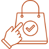 Shopping bag icon with checkmark and hand.