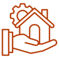 Hand holding house with gear icon.