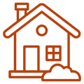Orange house icon with chimney and bush.