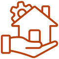 Hand holding house with gear icon.